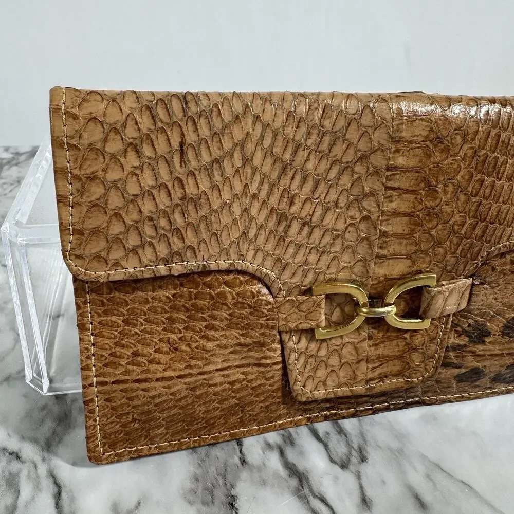 Vintage 60s Python Snakeskin Wallet Brown Leather Bi Fold Folio Style Gold Tone